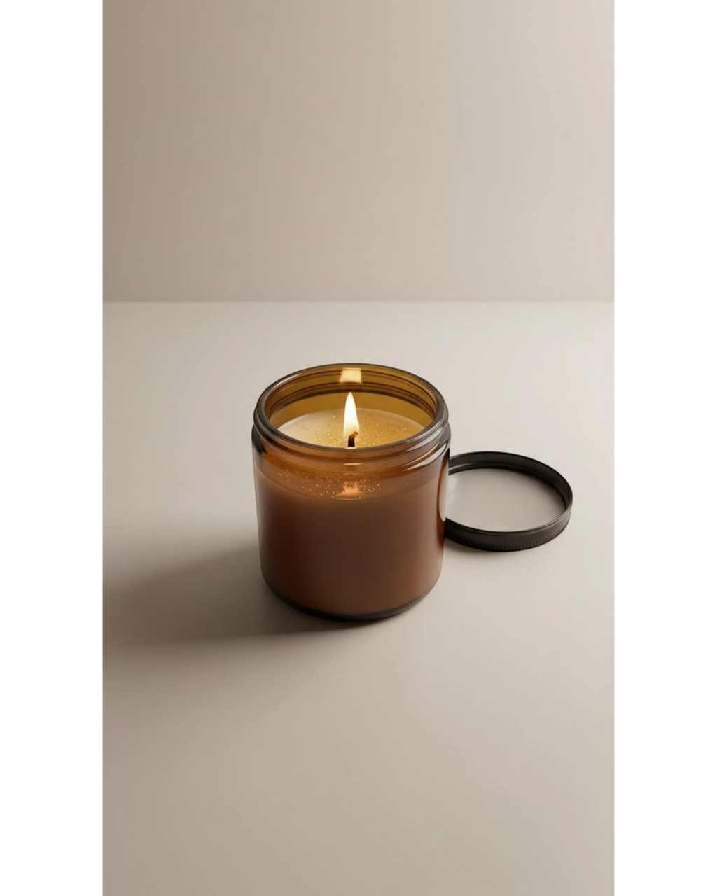 ELAIOPHOS amber glass jar candle with a lit wick and shimmering gold flecks in the wax. Lid off.