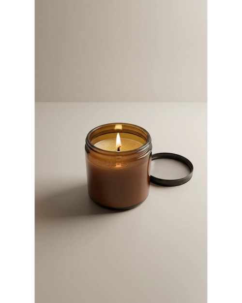 ELAIOPHOS amber glass jar candle with a lit wick and shimmering gold flecks in the wax. Lid off.