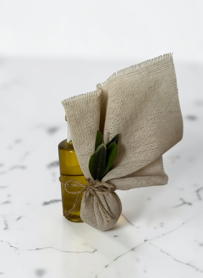 ELAIOPHOS miniature olive oil bottle with burlap accent and twine, featuring green olive leaves.