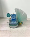 ELAIOPHOS blue teddy bear candle with balloon accent in glass jar, perfect for baby showers and birthdays.