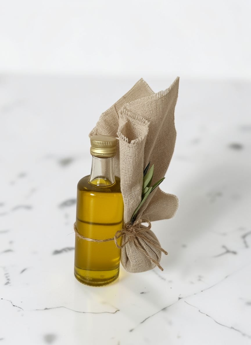 ELAIOPHOS miniature olive oil bottle with burlap accent and twine, featuring golden oil and a sprig of greenery.